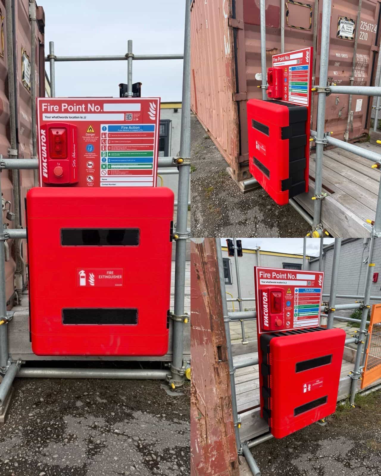 Custom fire point scaffold stand fitted to construction site scaffolding with extinguisher cabinet, evacuation alarm and fire action signage
