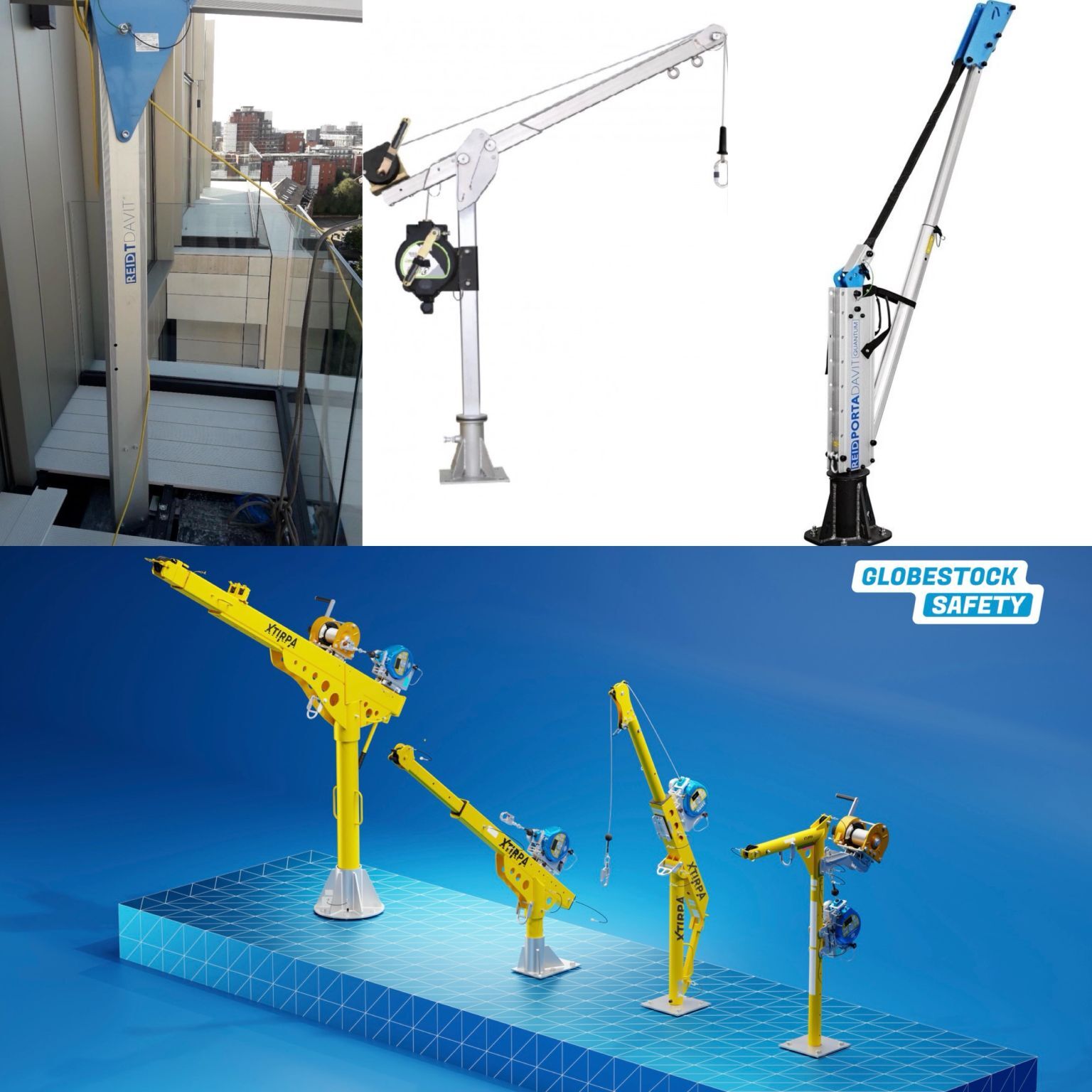 Different davit arm systems used for work at height and confined space access