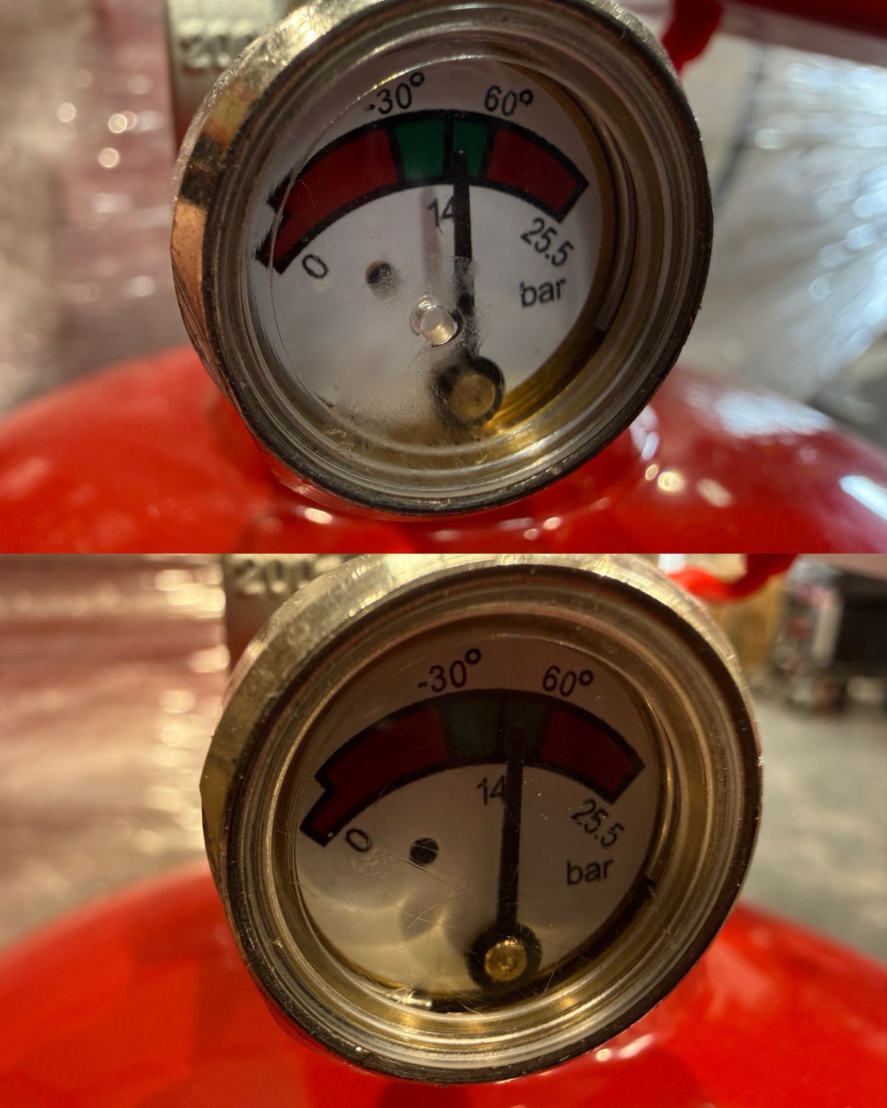 Brand new fire extinguisher gauge showing why commissioning checks are required before use