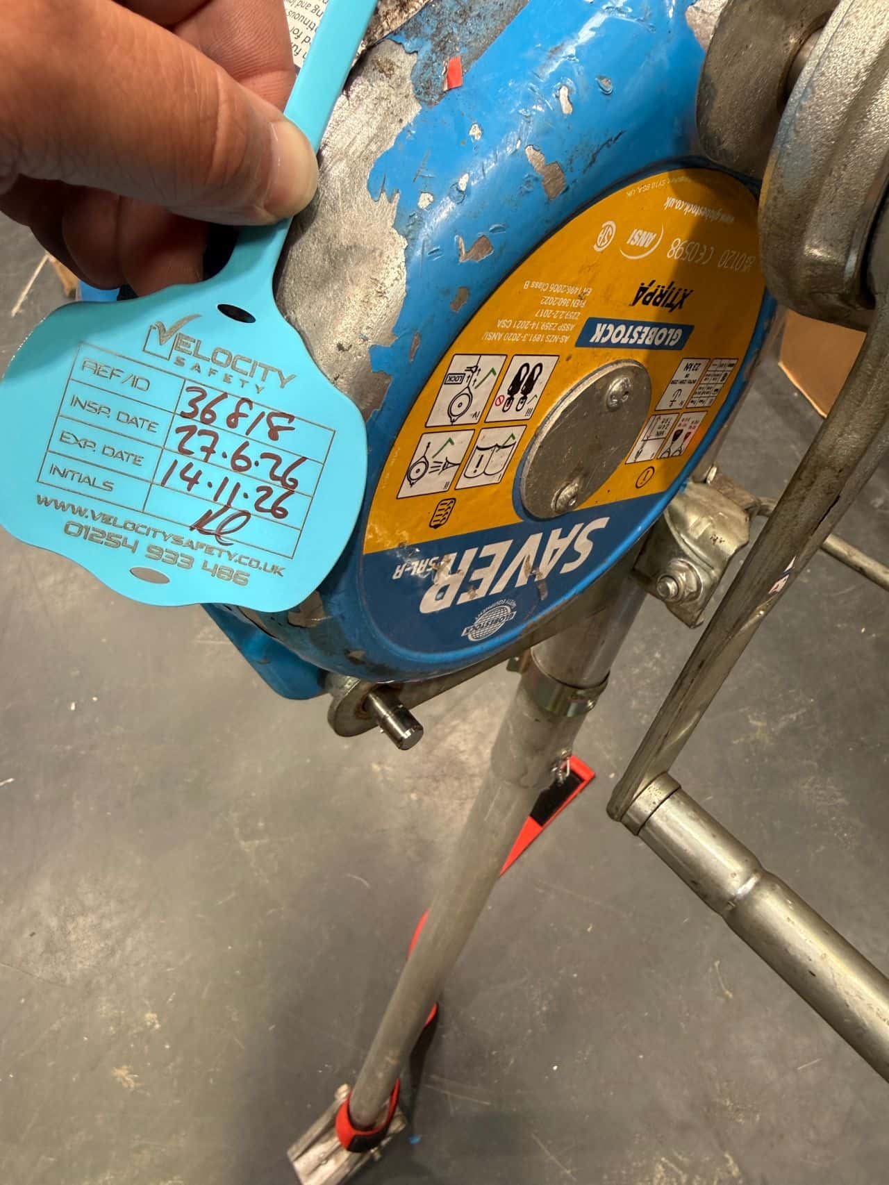 Globestock G Saver II fall arrest block inspection tag fitted by Velocity Safety