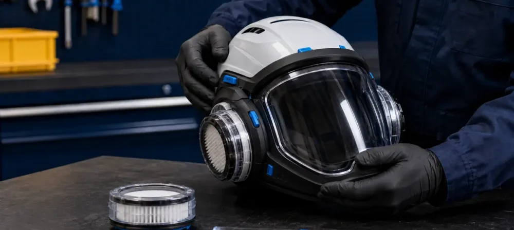 hnician inspecting a powered air respirator headtop and filters