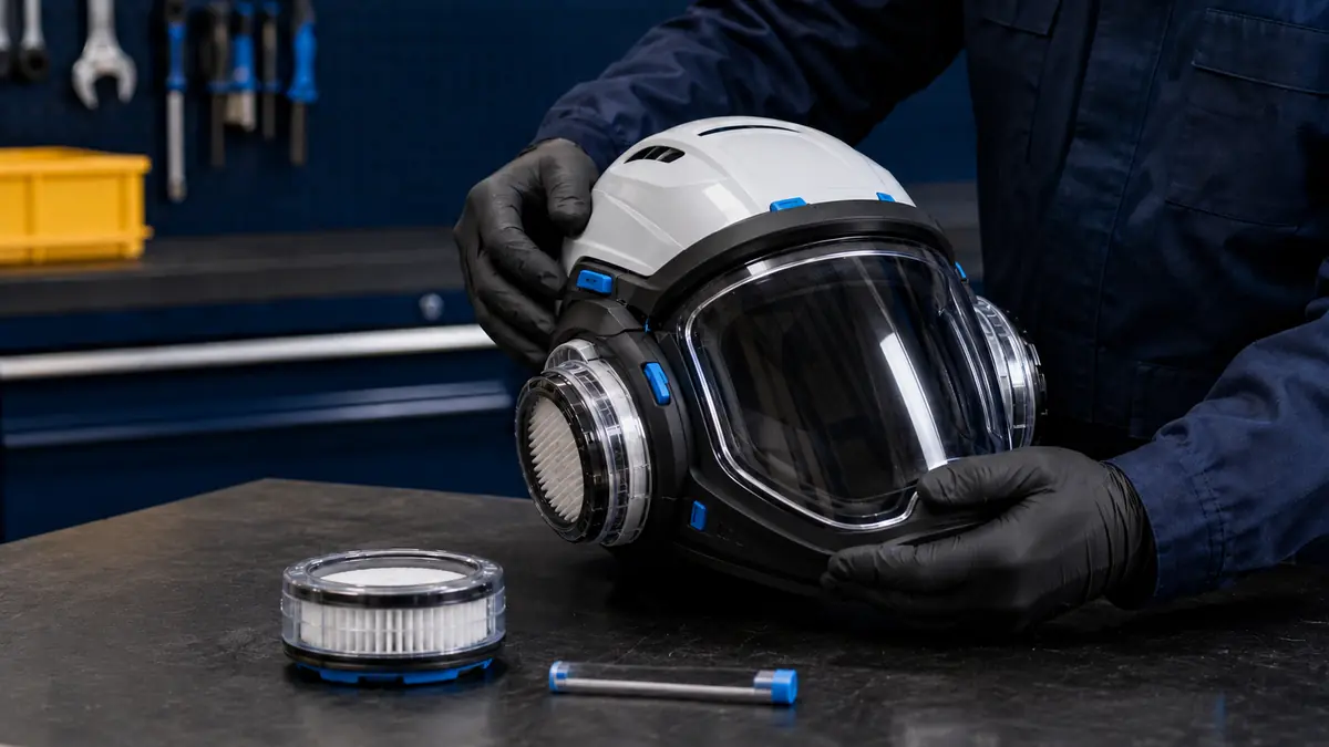hnician inspecting a powered air respirator headtop and filters